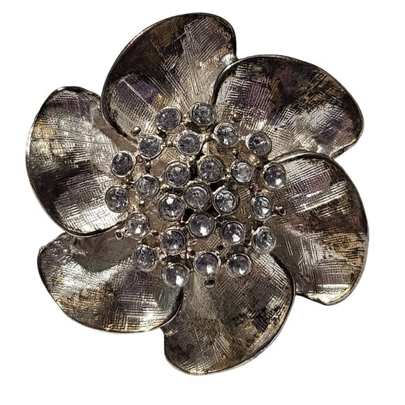 Vintage Flower Crystal Ring Silver Tone  Adjustable Band Retro Fashion Jewelry - Picture 1 of 4